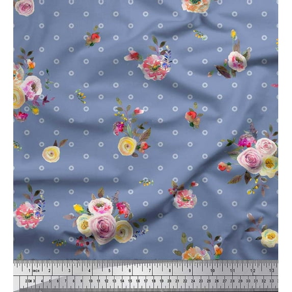 Soimoi Blue Silk Fabric Leaves,Small Circle & Floral Decor Fabric Printed BTY 42 Inch Wide