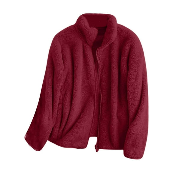 Baqcunre Fleece Jacket for Women Stand Up Collar Lined Teddy Jacket Warm Fleece Jackets Plain Cardigan Baggy Sweat Jacket with Zip, 1PC Top Red XL