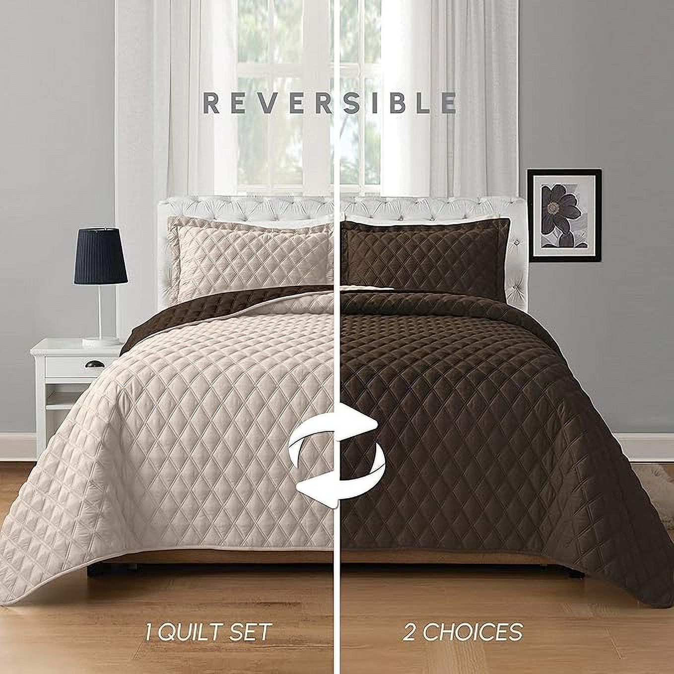 Elegant Comfort 3-Piece Quilted Reversible Bedspread Coverlet Set with Pillow Shams, Exquisite Diamond Stitching All Season Heavy Weight - Ultra Soft Premium Quilt- Twin XL, Brown/Cream