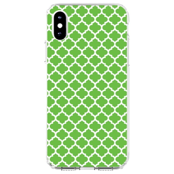 DistinctInk Clear Shockproof Hybrid Case for iPhone XR (6.1" Screen) - TPU Bumper, Acrylic Back, Tempered Glass Screen Protector - Green White Moroccan Lattice