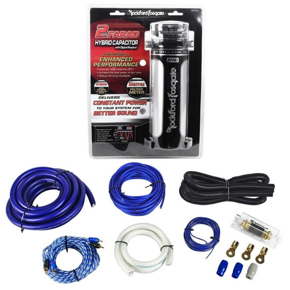 Rockford Fosgate RFC2D 2 Farad Digital Car Capacitor w/ Meter+0 AWG Amp Wire Kit