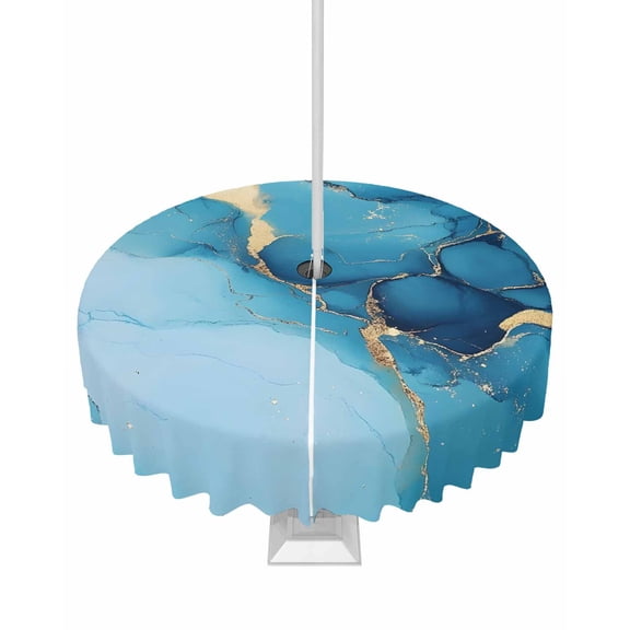 Fsddascl Blue Marble Outdoor Tablecloth - 54 Inch Round Dining Table Cover, Modern Abstract Art Ink Painting Luxury Waterproof Outdoor Table Cloth with Umbrella Hole & Zipper for Picnic/Patio/Party