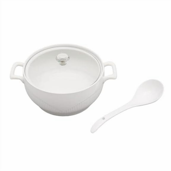 Ceramic Soup Tureen, White Porcelain Soup Pot w/Glass Lid, Ceramic Covered Tureens w/Spoon for Restaurant Home Kitchen, Oven and Dishwasher Safe (8.5'' Round White)