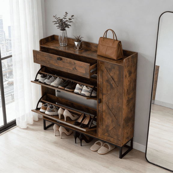 Gewnee Rustic Brown Farmhouse Shoe Storage Cabinet with Flip Drawers and Side Cabinet