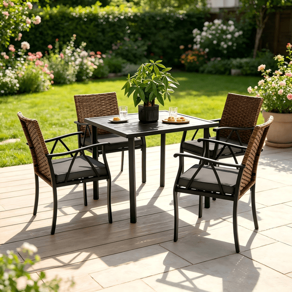 Leumius 5 Pieces Patio Dining Set, Outdoor Wicker Patio Table and Chairs Set of 4,Conversation Wicker Rattan Chairs Seating with Cushion and Square Table for Patio,Backyard,Balcony,Garden,Brown Gray