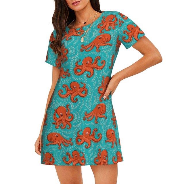 Disketp Fun Octopus para Camisón Corto de Manga Corta para Mujeres, Camisón Cómodo con Escote Redondo, Bonito y Confortable