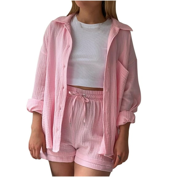 Babysbule Womens Fall Plus Top Sets Outfit Women's Summer Two Piece Neck Long Sleeve Shirt High Waist Drawstring Large Shorts Casual Set