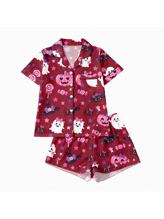 Halloween Pajamas for Women 2 Piece Satin Pumpkin Ghost Print Button Up Shirts and Shorts Loungewear PJS Sets Funny Sleepwear(S146-Hot Pink)