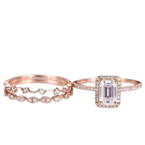 HeartsAndYou Milgrain Halo Trio Set Engagement Ring for Women 4ct Emerald Cut Moissanite 18k Rose Gold Over Silver