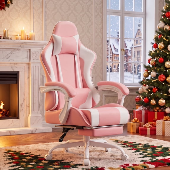 Homall PU Leather Gaming Chair Carbon Fiber Massage Ergonomic Gamer Chair Height Adjustable Computer Chair with Footrest & Lumbar Support,Pink