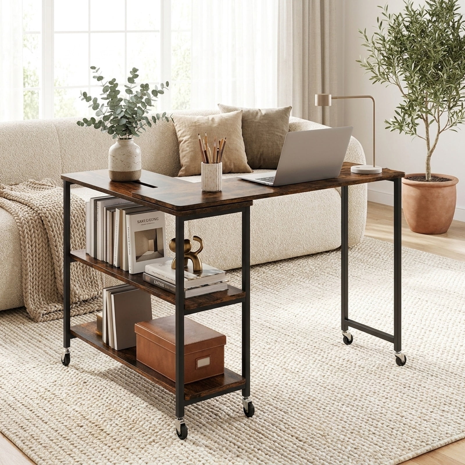 Furnibear Large 360 Degree Rotating Sofa Side Table with Lockable Wheels and Two Tier Storage Shelf for Living Room Office and Entryway, Rustic Brown