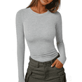 thumbnail image 2 of Y2K Solid-Color Ribbed Crew Neck T-Shirt for Women Straight-Shoulder Top, 2 of 4