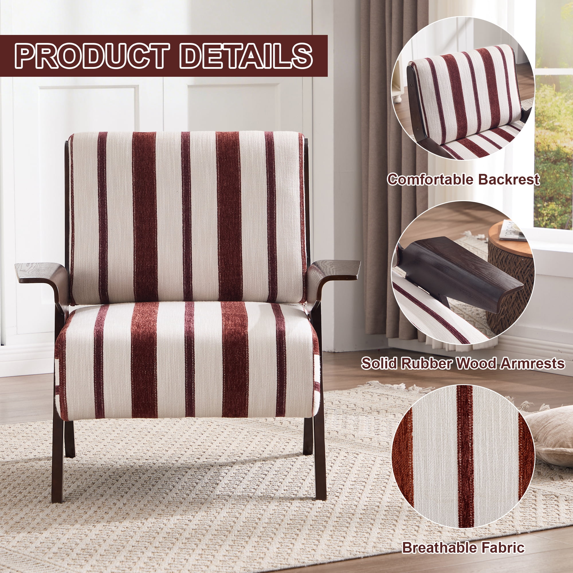 Leumius Modern Armchair with Widened Armrests Single Sofa Chair with Solid Wood Legs Comfortable Casual Reading Chair for Living Room, Bedroom, Office Red and White Stripes