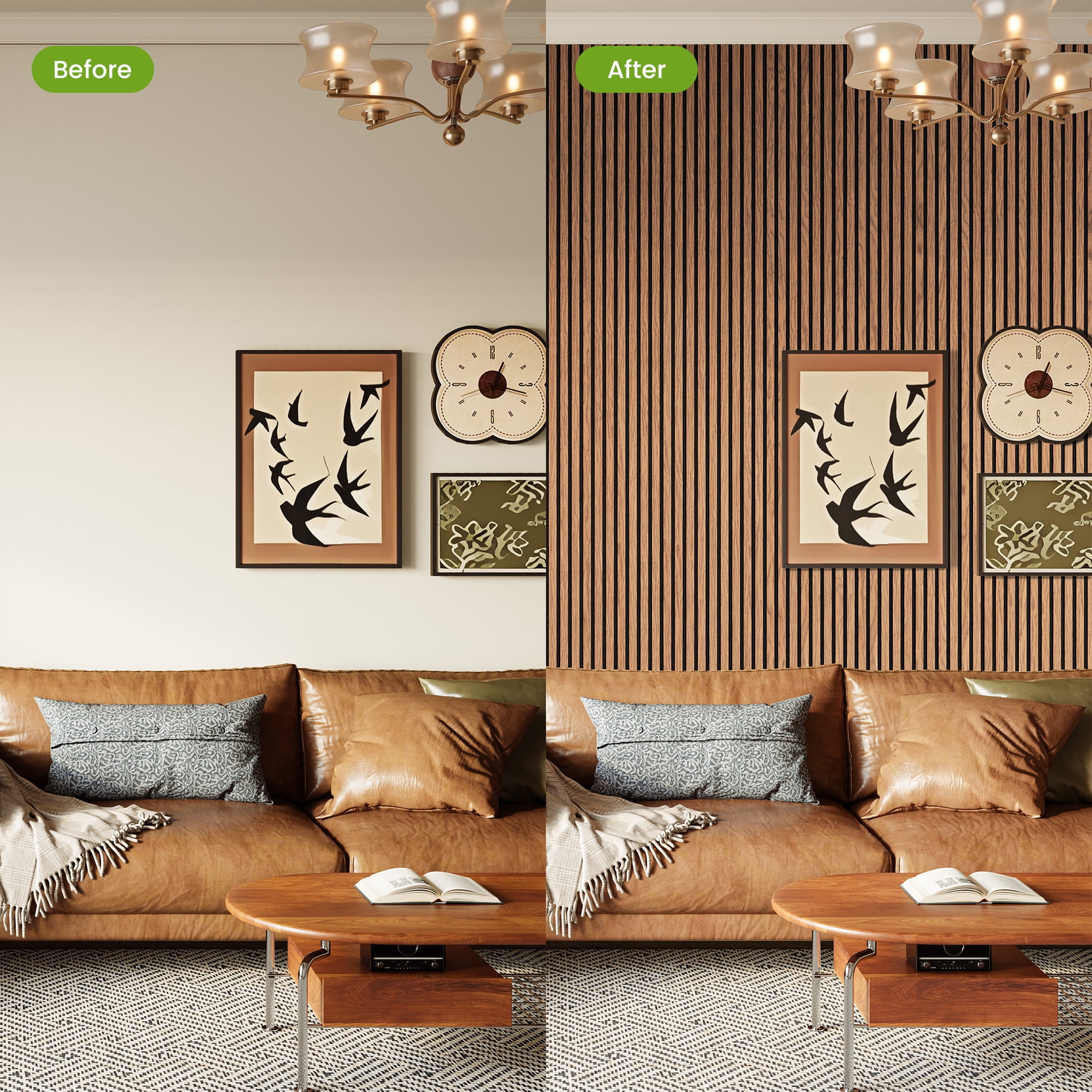 Easy4Home 2Pcs 94.5"x23.6" Wood Slat Acoustic Wall Panels, 3D Fluted Soundproof Decorative Panels for Interior Walls, Classic Brown