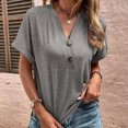 thumbnail image 6 of Women's Short SleeveCowl Draped Neck Elegant Tunic Vintage Solid Color T Shirt Casual Loose Comfy Tees Trendy Fashion Clothes Button up V Neck Shirts Summer Tops Gray L, 6 of 8