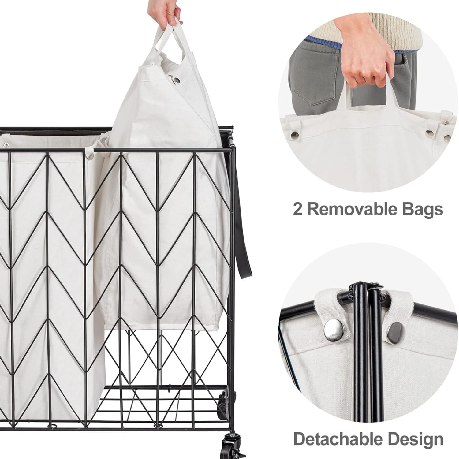 Laundry Basket with Wheels, Heavy Duty Laundry Hamper with Wood Lid, Clothes Hamper with Divided Removable Liner Bag, Large Capacity Iron-Made Laundry Sorter Laundry Room Organization (Beige)