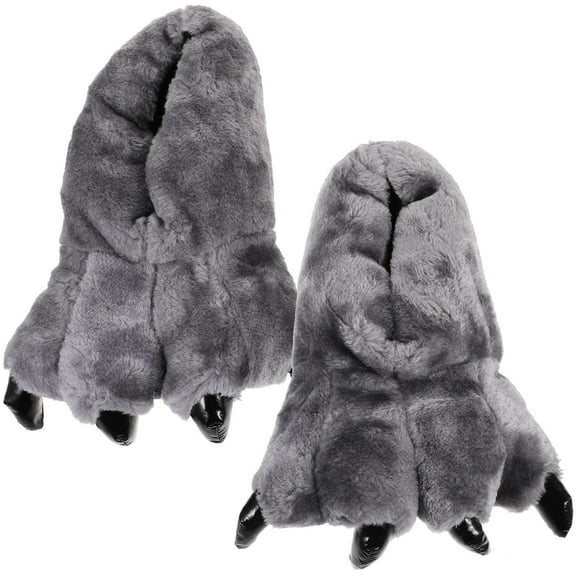TAILTOSS 1 Pair Dinosaur Paw Slippers Gray Plush Unisex Indoor Shoes Winter