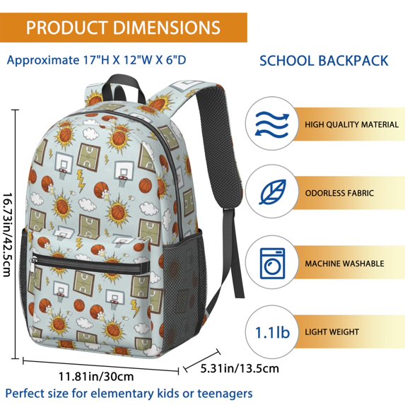 Basketball and Blast White Pattern 17" Waterproof Oxford School Backpacks for Teens, S-Shape Padded Straps, for School, Travel, Hiking, Camping