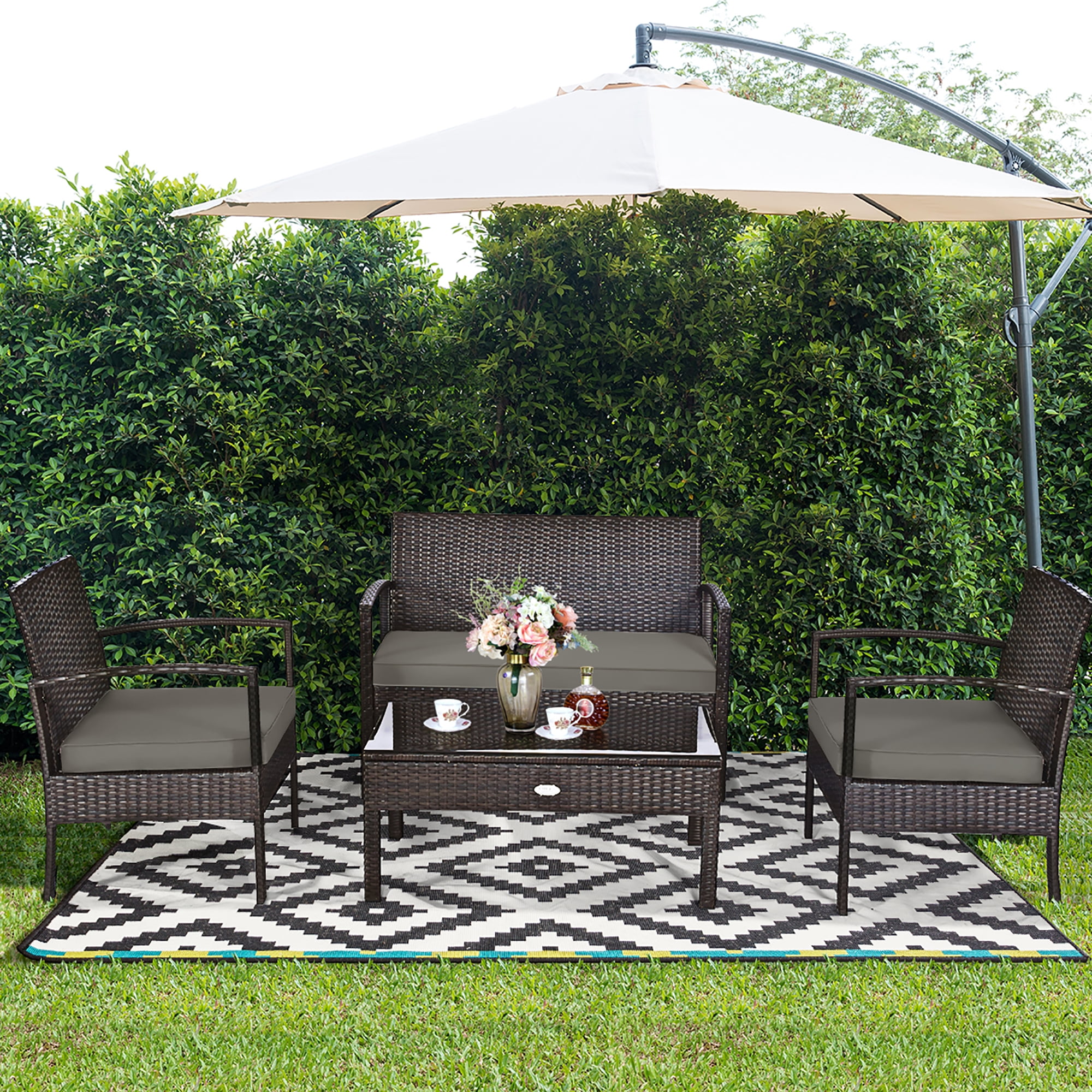 Costway 4PCS Patio Rattan Wicker Furniture Set Loveseat Sofa Cushioned Garden Yard Brown