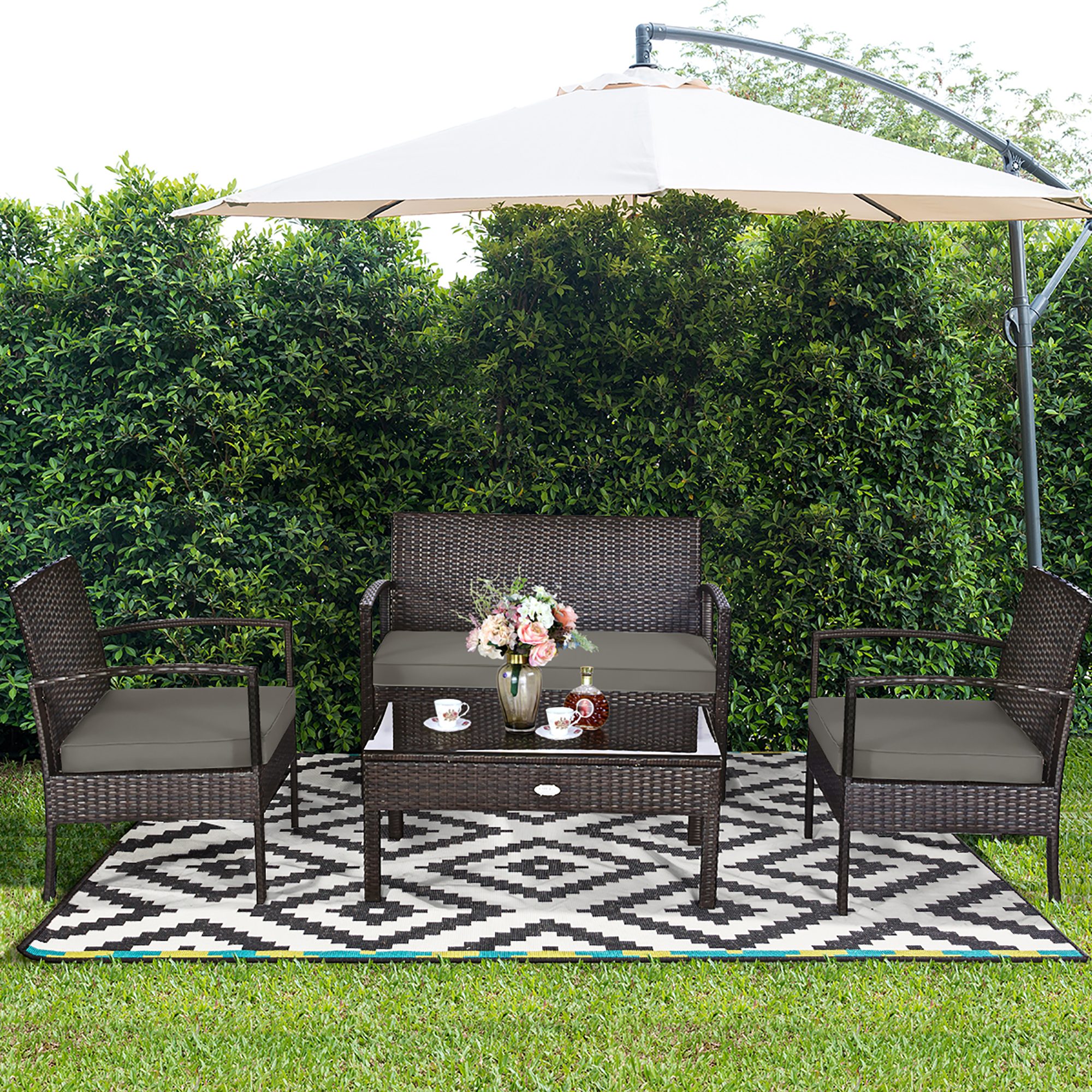 Costway 4PCS Patio Rattan Wicker Furniture Set Loveseat Sofa Cushioned Garden Yard Brown - image 2 of 8