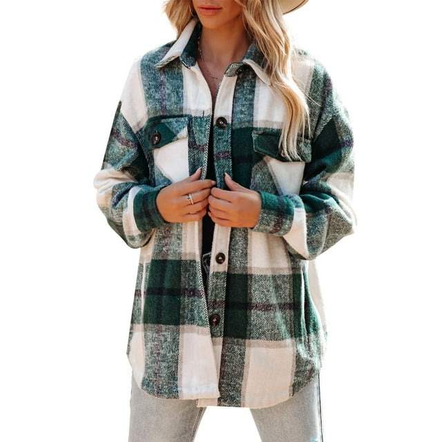 Abrigo de mujer solapa a cuadros manga larga camisa con botones y bolsillos para primavera Otoño Invierno traje verde XL