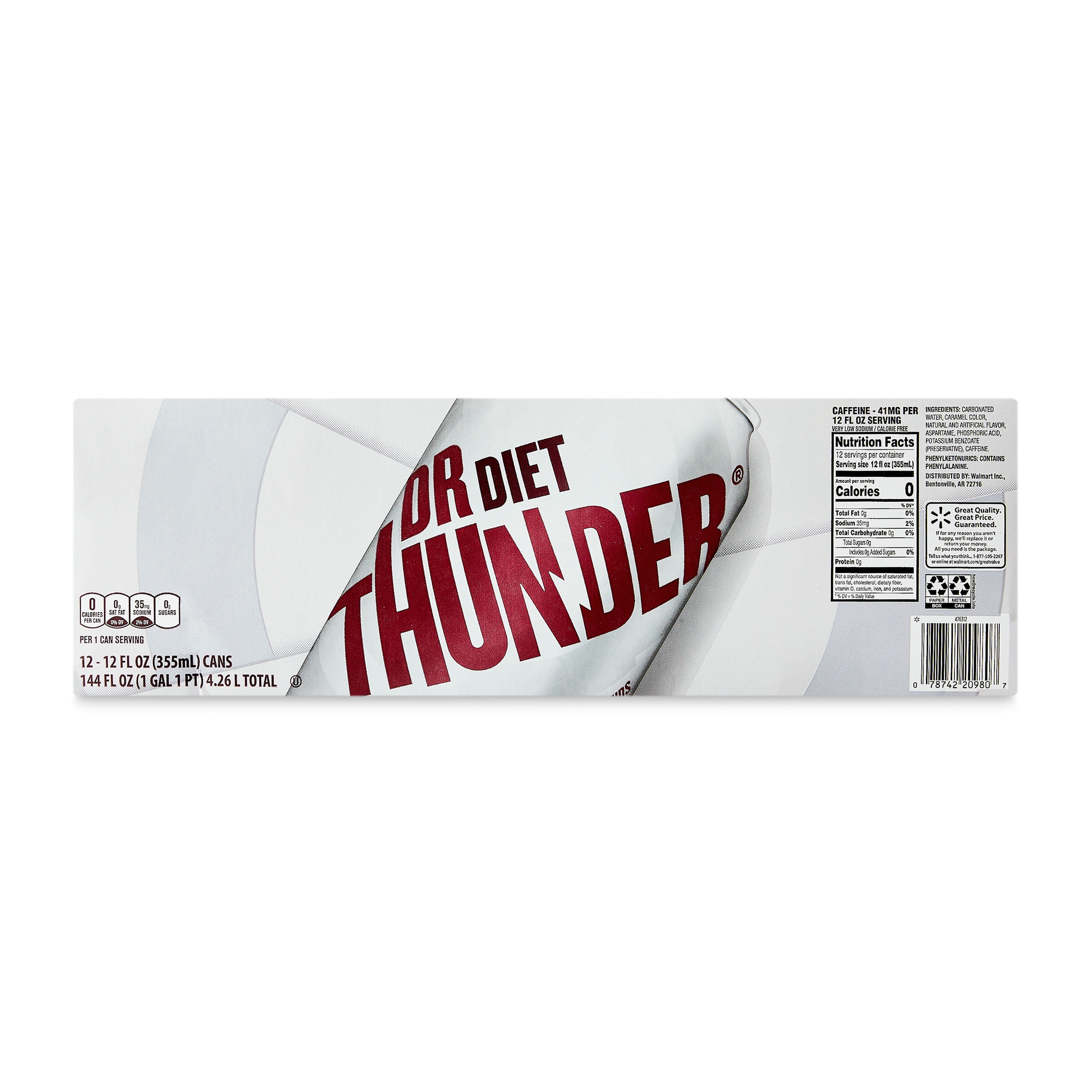 Great Value Dr Thunder Diet Calorie Free Soda Pop, 12 fl oz, 12 Pack Cans