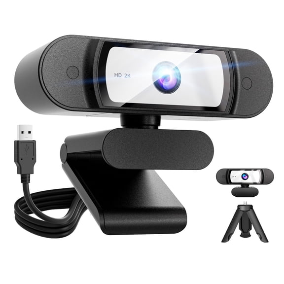 2K FHD Webcam for PC, Web cam with Noise Cancelling Mic, USB 2.0 Wired, 108° Wide Angle Lens, 360° Rotatable, Auto Light Correction, Plug‑Play Camera for Video Calling, Conferencing & Streaming