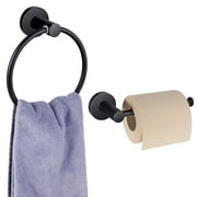 Topekada 2 Pack Hand Towel Holder with Toilet Paper Holder Set, Rustproof Matte Black Sturdy Round Towel Ring and Toilet Paper Holder,Wall Mounted Towel Holder