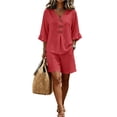 thumbnail image 2 of Stralyhd Two Piece Sets for Women Outdoor Casual Outfits Three Quarter Ruffle Sleeve Blouse Relaxed Pull On Short Pants Set Red S, 2 of 4