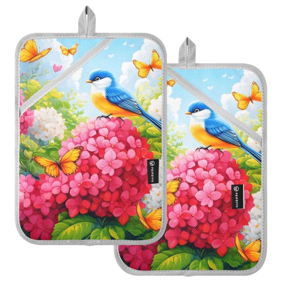 Ryvnso Bird Butterfly Hydrangea Flower Pattern Oven Mitts Heat Resistant Pot Holders Set of 2 Hot Pads