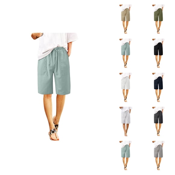 Womens Bermuda Shorts Elastic Waistband Drawstring Pockets Cotton Breathable Knee Length Bermuda Long Shorts for Women