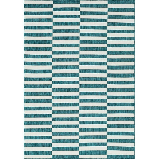 Unique Loom Outdoor Striped Classic Rug 8' x 11' 4 Rectangle Teal/Ivory