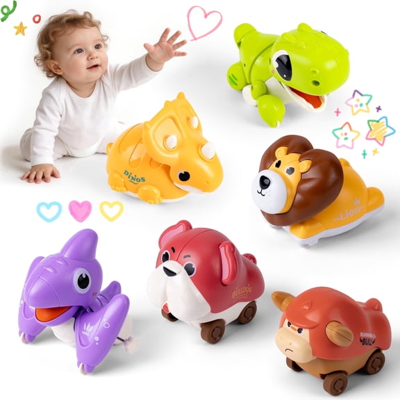 Ficcug 6pcs Press and Go Animal Toy Cars for Toddlers 1-3,Dinosaur Push and Go Friction Powered Vehicles,Baby Toys for 6-12 12-18 Months Boys Girls