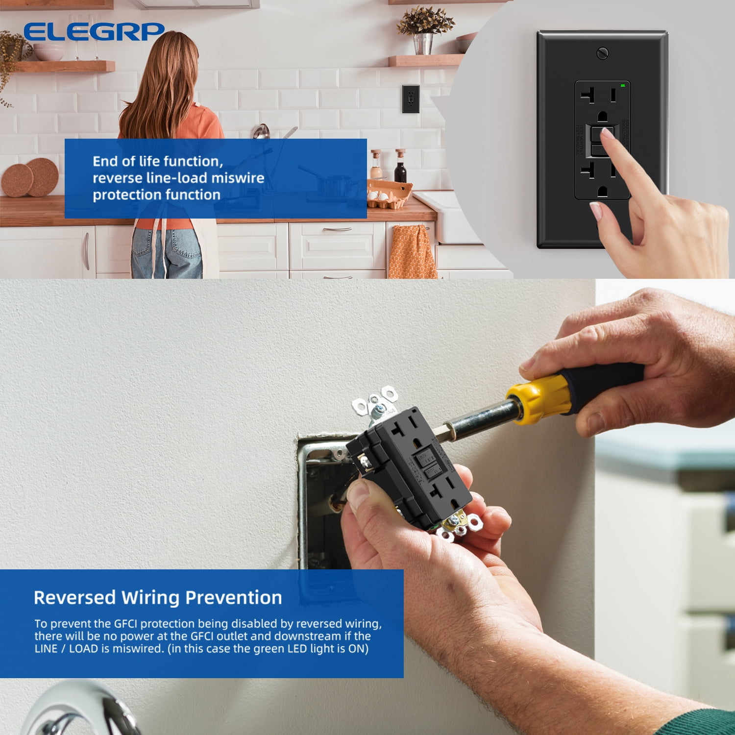 ELEGRP GFCI Outlet, 20 Amp Self-Test GFCI Electrical Outlet, No Tamper Resistant GFCI Receptacle, Wall Plate included, UL Listed, Black 3PC