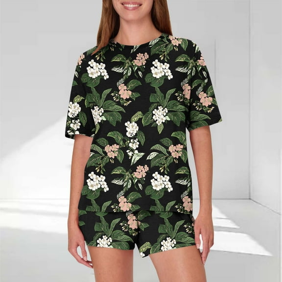 Pajamas Sets for Women 2 Piece Shorts Under $10 Casual Loose Printing Round Neck Short Sleeved Shorts Pajamas Suit