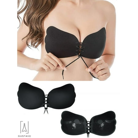 GustaveDesign Women s Strapless Invisible Bra Push Up Self Adhesive Bra Silicone Bras with Drawstring Sticky for Dess Wedding Party  Black C Cup