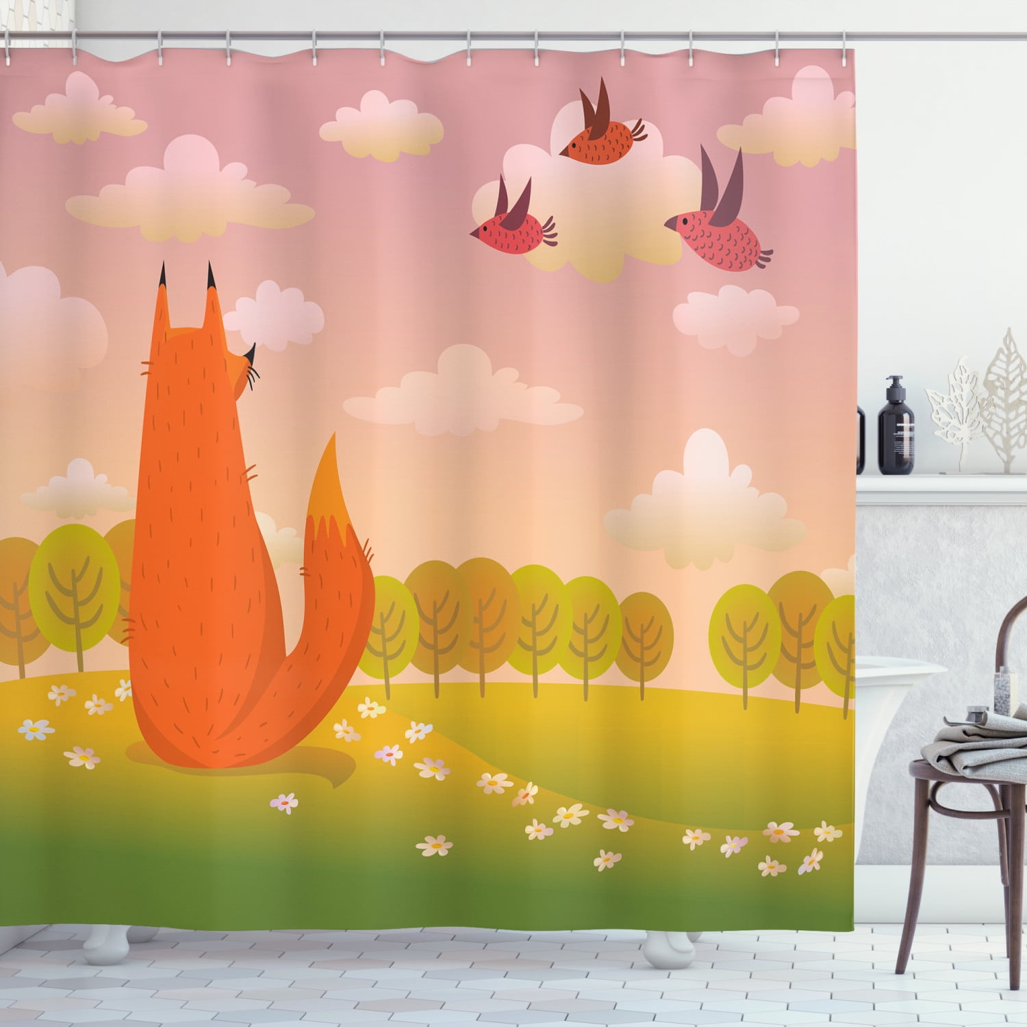 Cartoon Shower Curtain, Animal Fox Wildlife in Valley Farm Sunset with