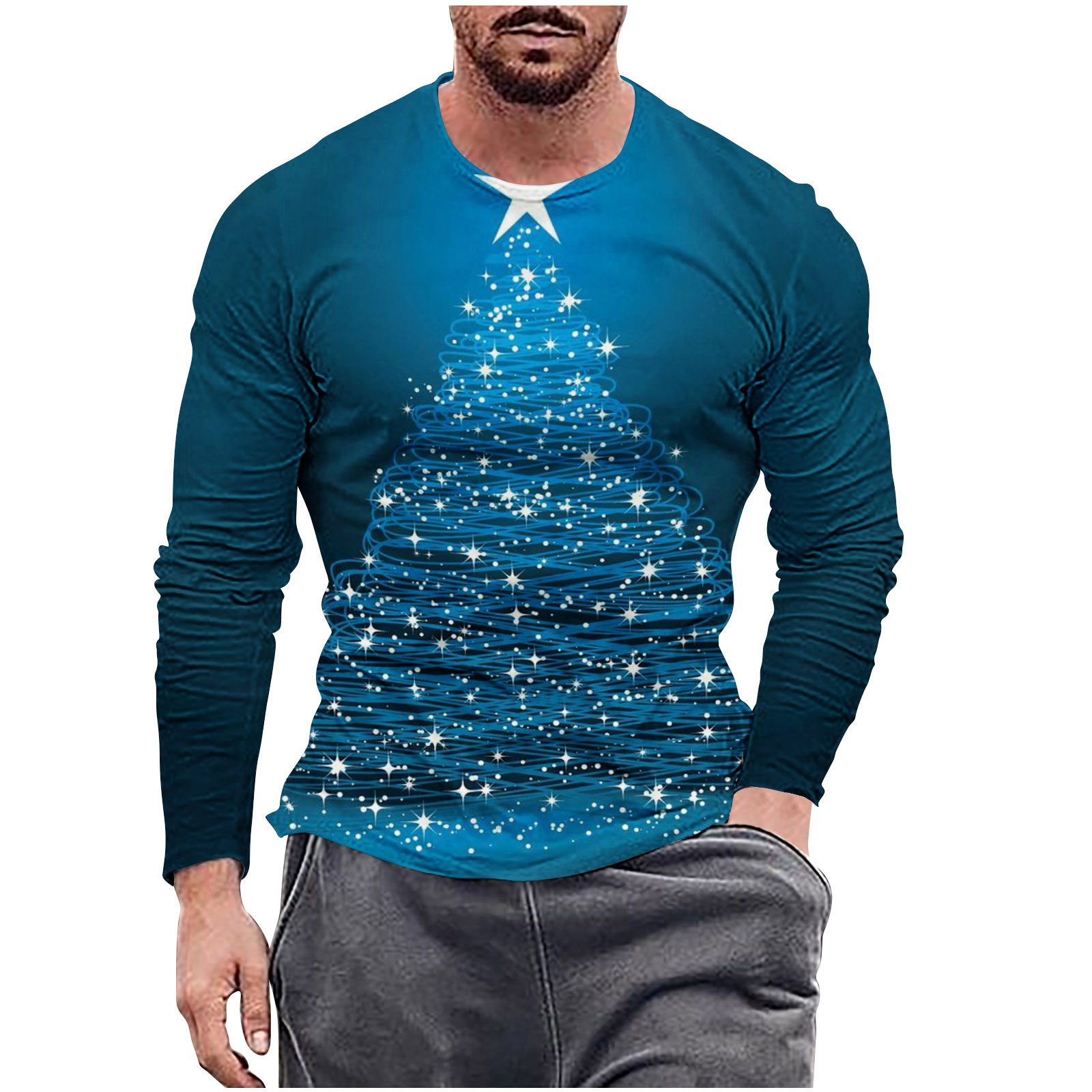 Round Neck Pullover for Men Men's Fashion 3D Christmas Printing Round Neck Long Sleeve Pullover T-Shirt Tops Long Sleeve Shirts for Mens Mens Workout
