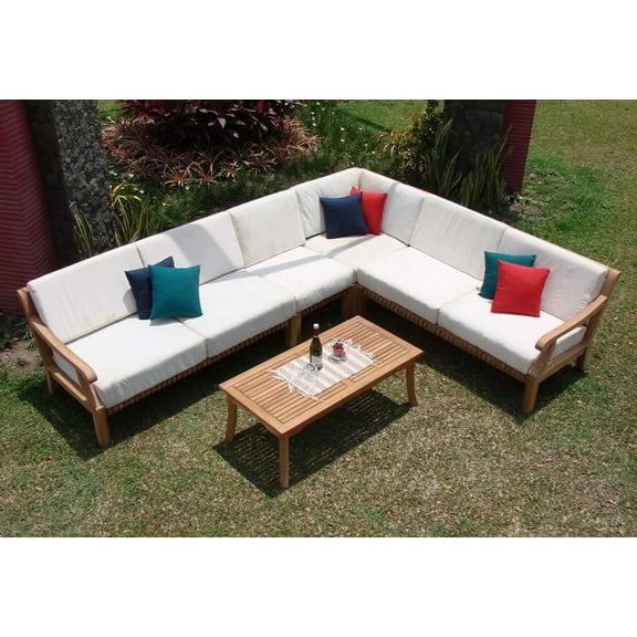 WholesaleTeak Outdoor Patio Grade-A Teak Wood Giva 5 Piece Teak Sectional Sofa Set - 2 Sofas(Left & Right), 1 Lounge Armless Chair, 1 Corner Piece & 1 Coffee Table -Furniture only #WMSSSGV