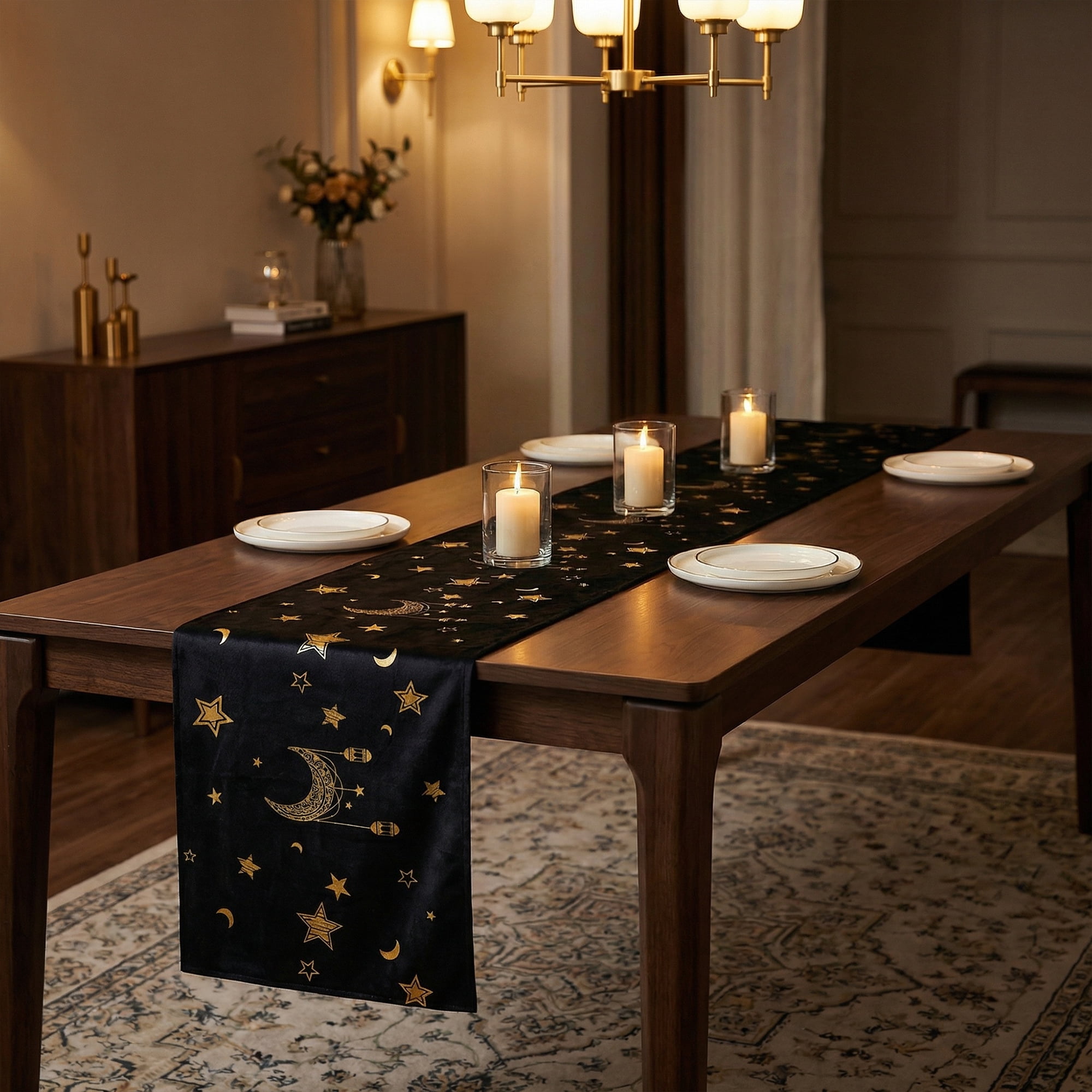Unique Bargains Long Printed Polyester Table Runner for Decorations Black 13"x94.5"