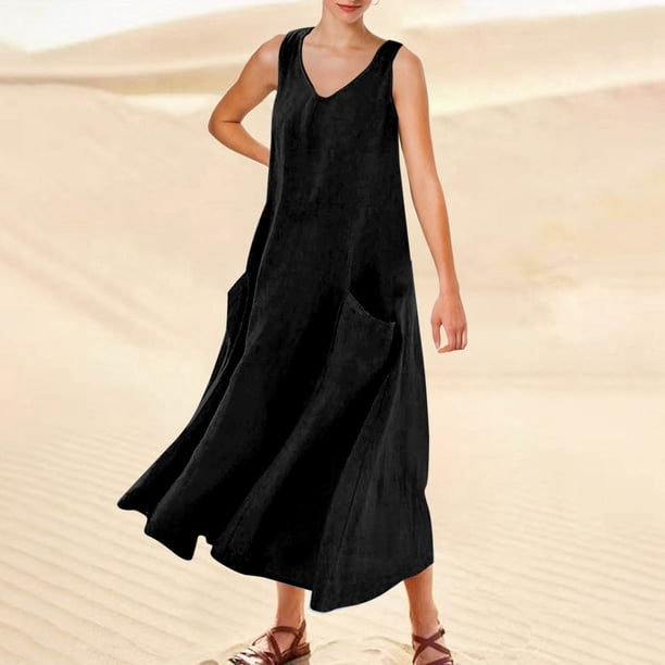 WILLBEST Vestido Corto De Verano Para Mujer, Color Liso, Sin Mangas, Cuello En V, Elegante, Holgado, Informal, Largo, Con Bolsillos, Cómodo Y Elegante Para Uso Diario.