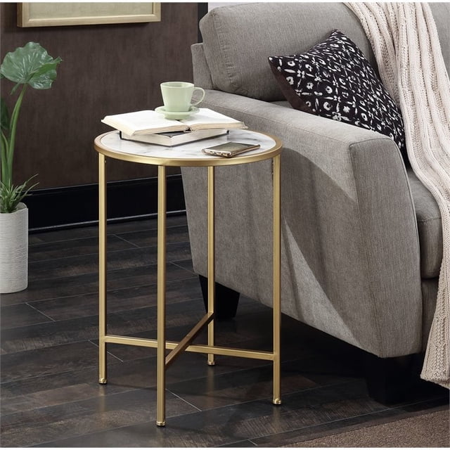 Convenience Concepts Gold Coast Round Faux Marble Top End Table in Gold Metal