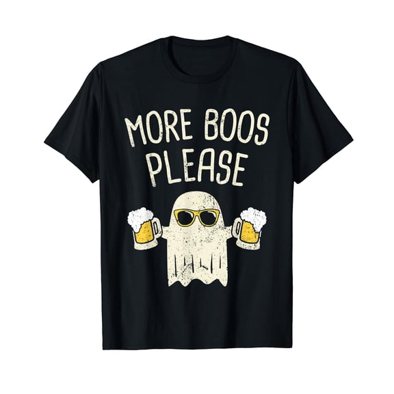 More Boos Please Ghost Funny Halloween Beer Drinking Black T-shirt Short Sleeve Tee
