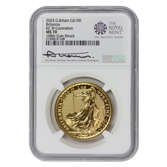 Great Britain 2023 1oz Gold King Charles III Coronation Coin MS-70 108th Coin Struck Thomas Label £100 NGC MS70 British Royal Mint