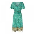 thumbnail image 2 of CNKOO Robes Bohèmes à Imprimé Floral Col en V Manches Courtes Décontractées Plage Maxi Longue Robe, 2 of 6