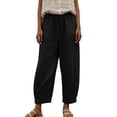 thumbnail image 5 of Yuanlook Ladies High Waist Linen Cotton Jogger Pants, Adjustable Drawstring Waist Functional Side Pockets Cuffed Cropped Loose Resort Trousers S-XXXL, 5 of 9