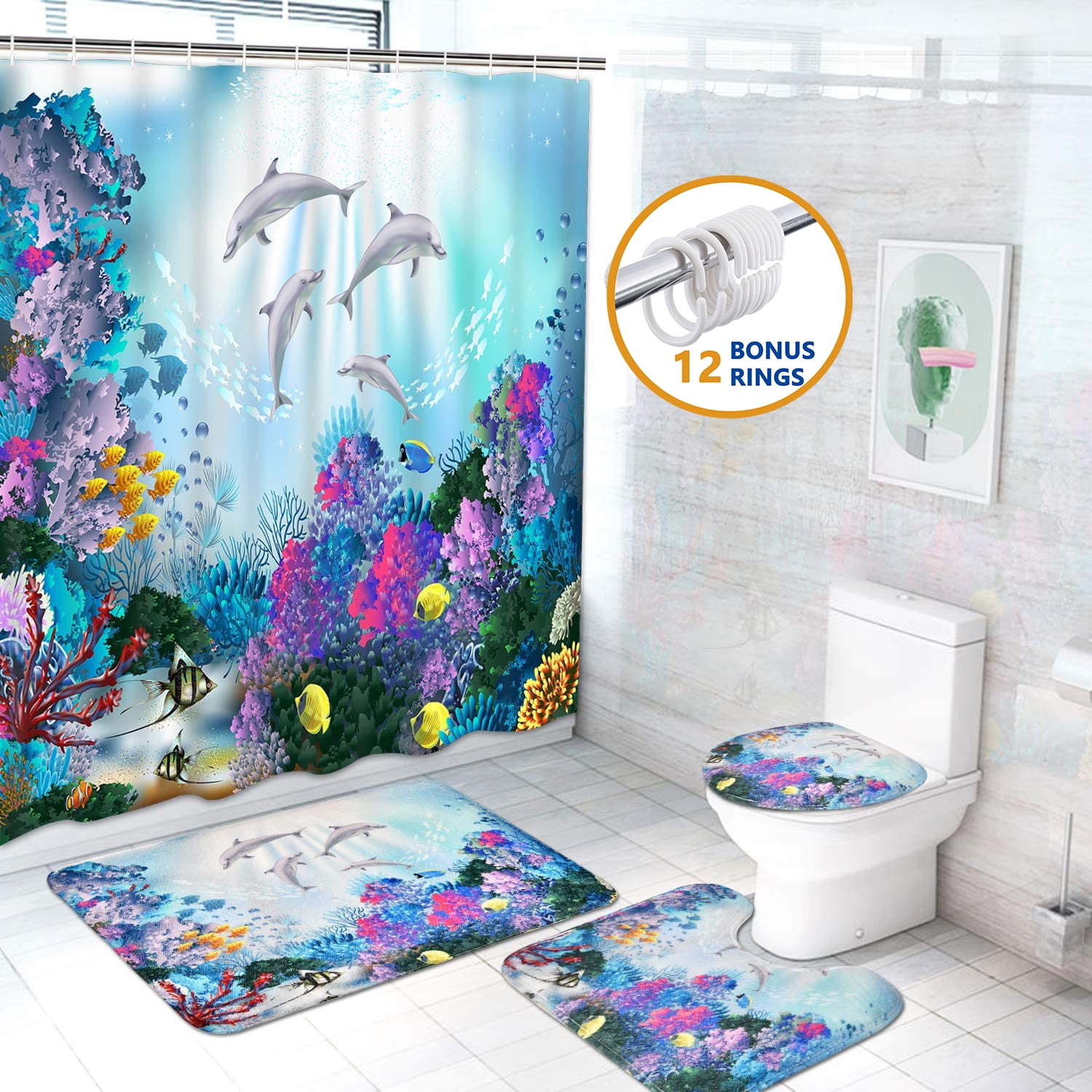 Blue Dolphin Shower Curtain and Rug Sets, 4 Pc Ocean World Bathroom Sets
