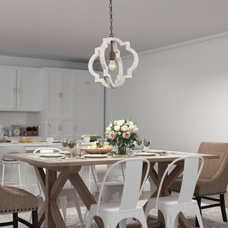 LNC Adrammelech Whitewashed Wood and Iron Pendant Light, Adjustable Farmhouse Fixture