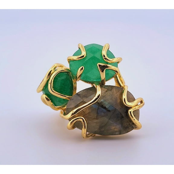Natural Labradorite & Green Jade Gold Adjustable Ring NLGJGAR