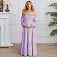 thumbnail image 2 of Gyujnb Lightweight Flowy Boho Maternity Tiered Maxi Dress Off Shoulder Ruffle Neck Long Bubble Flare Sleeve Smocked High Waist Elegant Gown for Pregnancy Photoshoot,M, 2 of 9